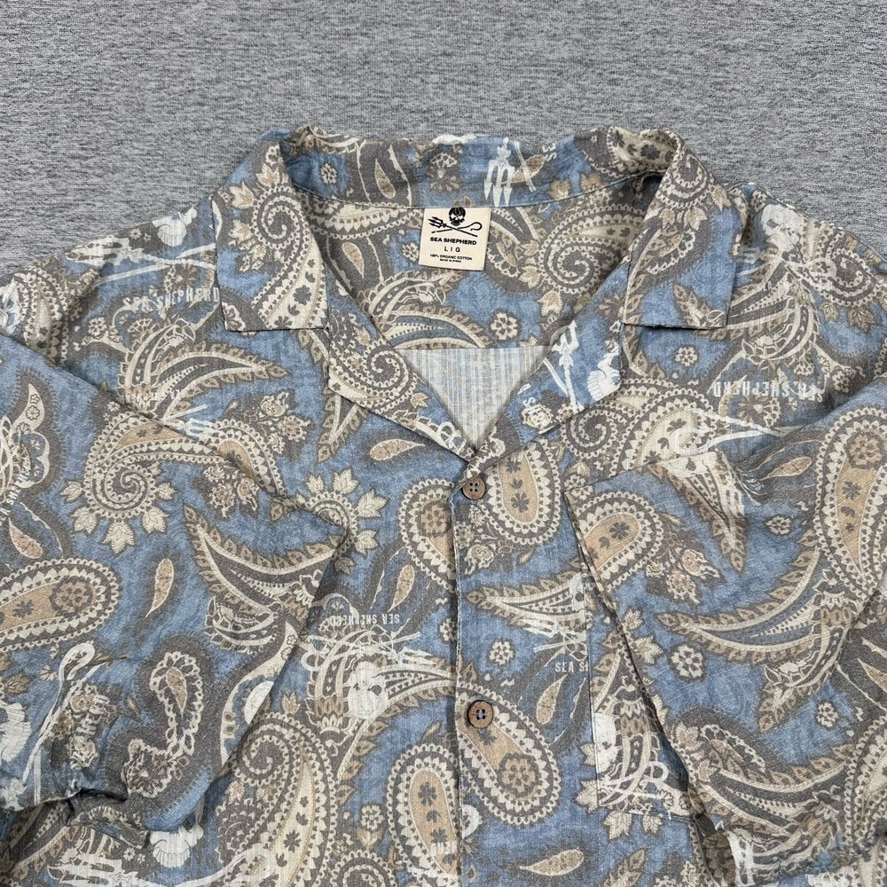 Sea Shepherd Shirt Mens Size Large Paisley Skull Short Sleeve Button Up Camp